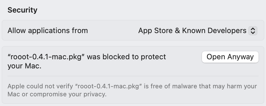 System Settings, Security: “rooot-0.4.1-mac.pkg” was blocked to protect your Mac, with an Open Anyway button.
