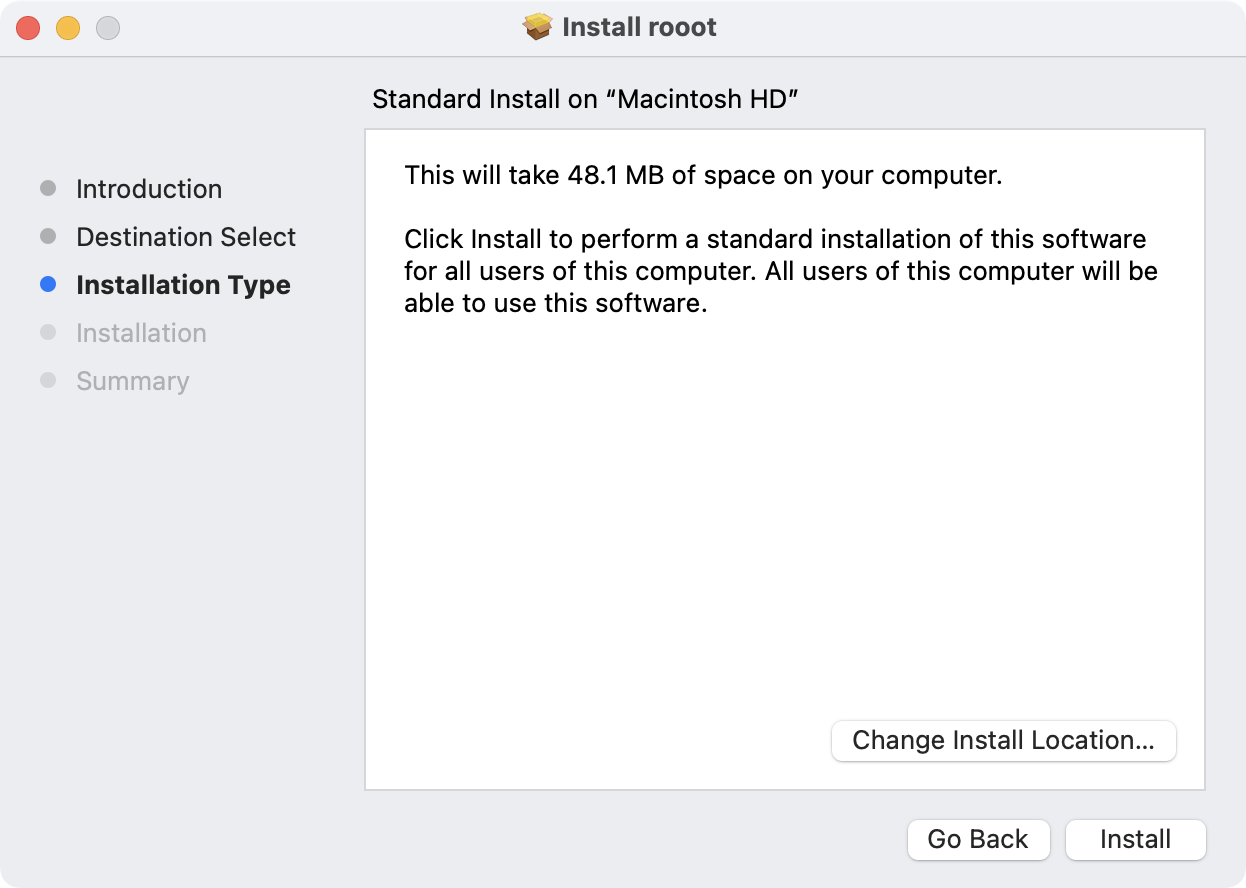 The rooot installer: Standard Install on “Macintosh HD”, 48.1 MB, with an Install button.